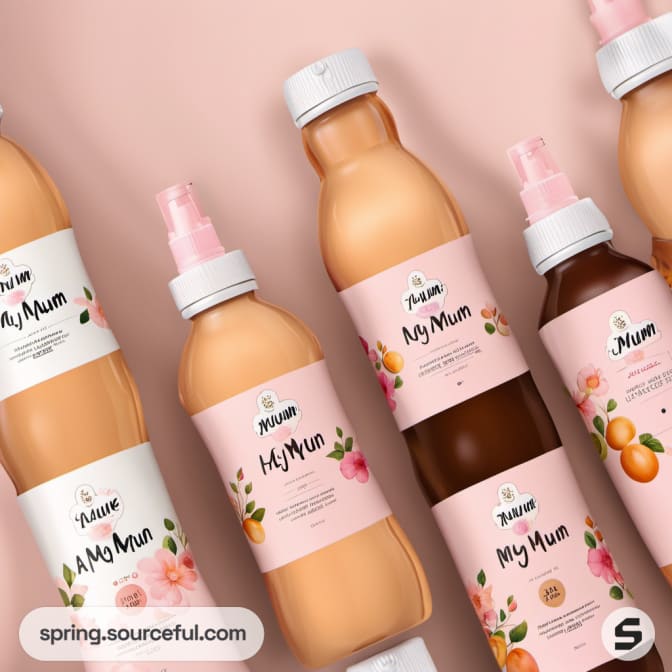 Assorted bottles with floral design, text 'My Mum'.