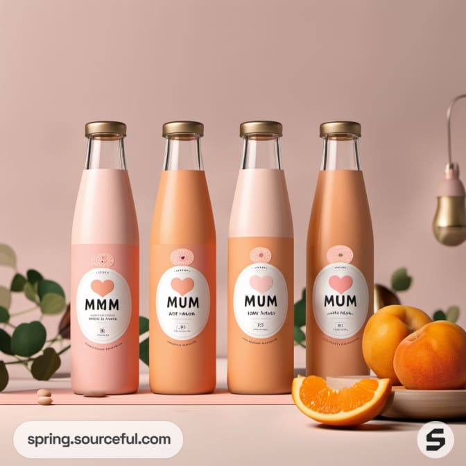 Four pink bottles with heart label and citrus fruits.