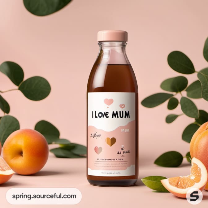 Single bottle with hearts, 'I Love Mum' label, surrounded by fruit.
