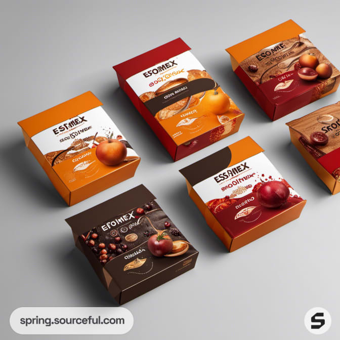 Assorted fruit-themed boxes in orange and red hues on a grey background.