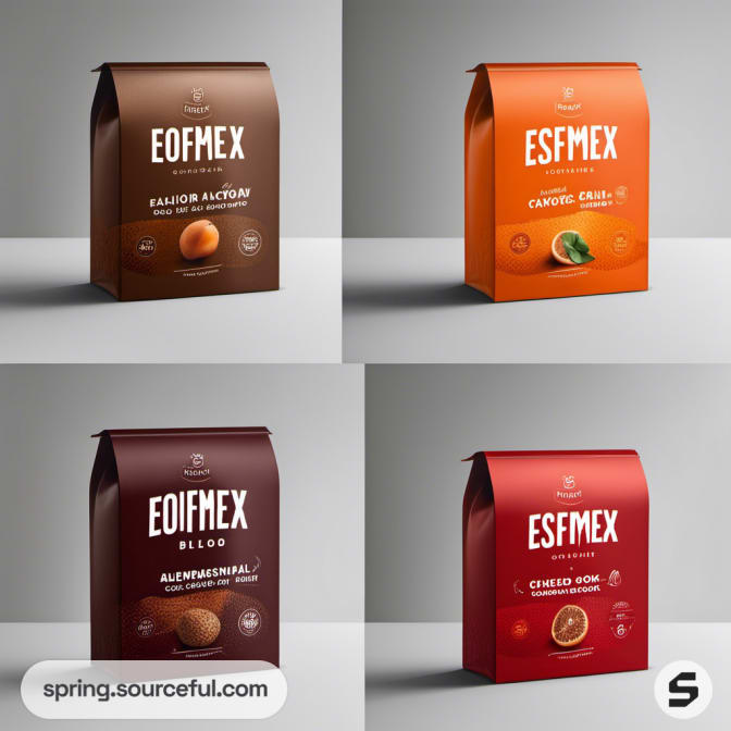 Four brown and orange resealable pouches with fruit illustrations.