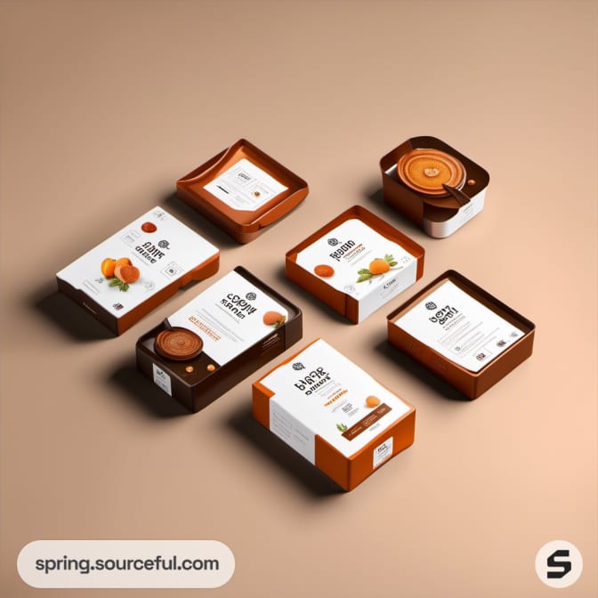 Square containers with orange labels featuring fruit imagery.