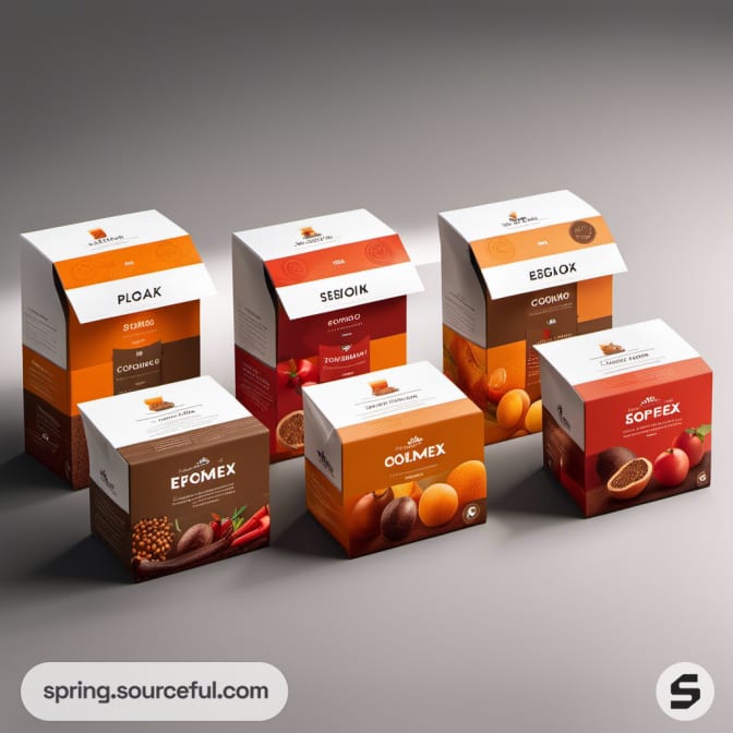 Set of six square boxes with fruit designs on white and orange packaging.