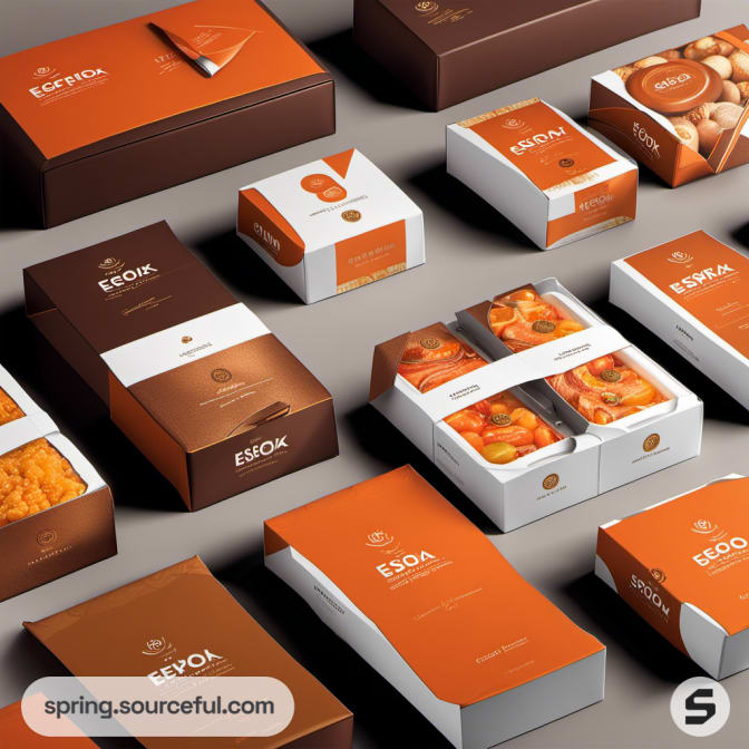 Assorted orange and brown packages with sleek design and fruit labels.