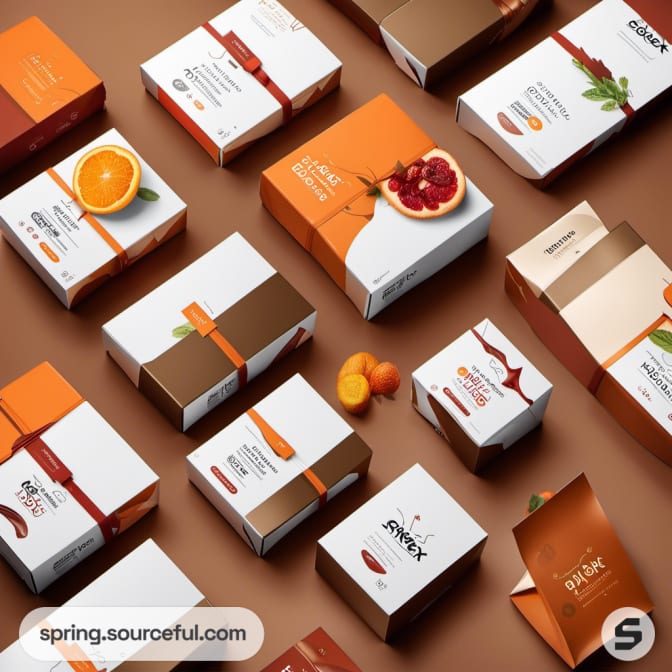 Various orange and white gift boxes with ribbon and fruit motifs.