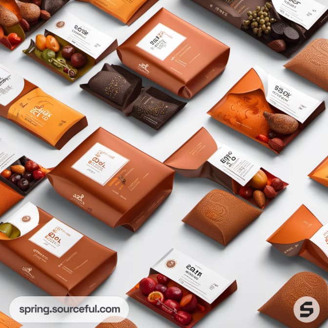 Array of resealable pouches and boxes with fruit illustrations in warm tones.