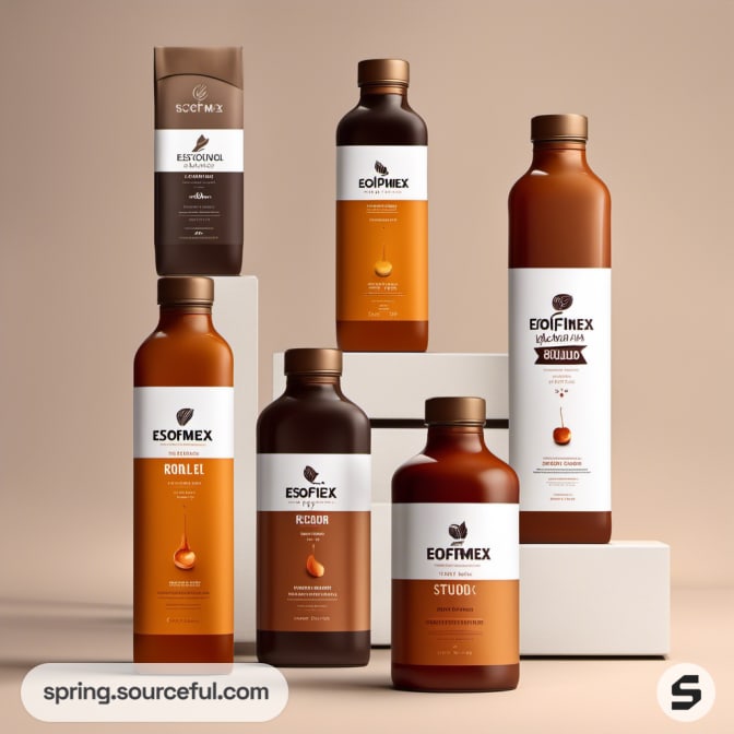 Six brown and orange bottles on white stands with fruit labels.