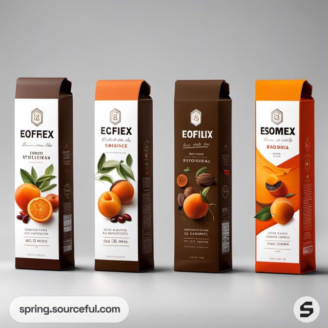 Tall rectangular boxes with fruit designs in orange and brown tones.