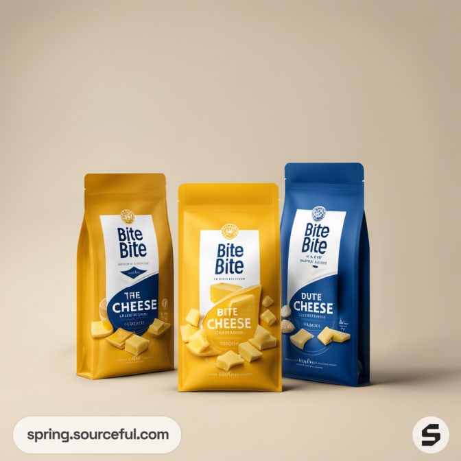Three cheese bags with different flavors against beige backdrop.
