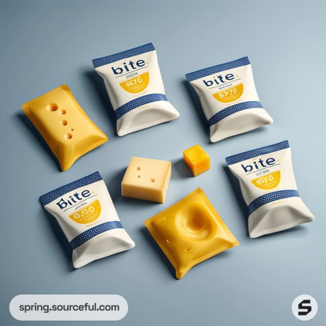 Assorted cheese packs and pieces on a blue surface.