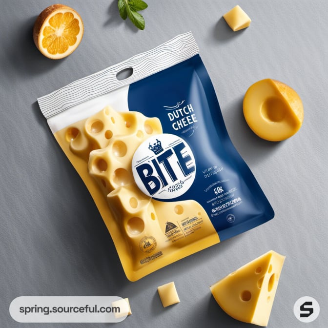 Resealable pouch with Dutch cheese and slices on gray table.
