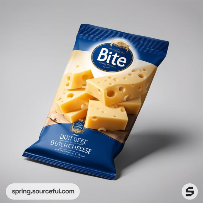 Bag of Dutch cheese wedge on gray background.