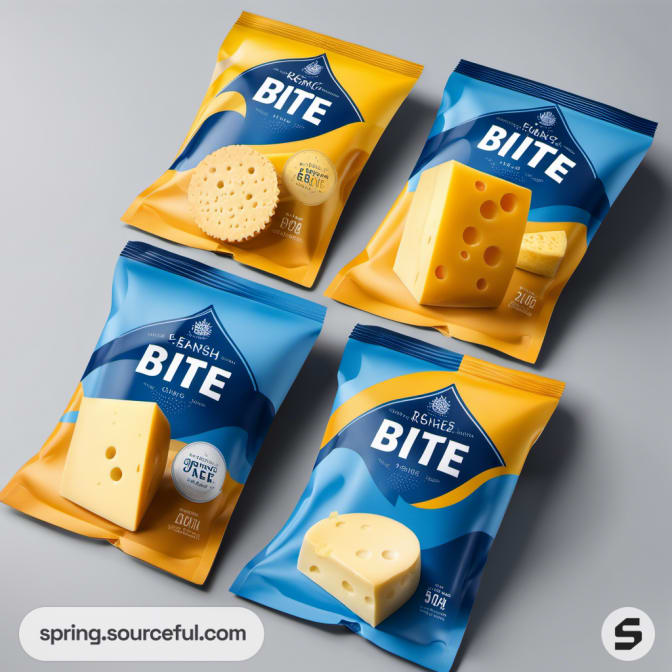 Four cheese packs with different cheese blocks and crackers.