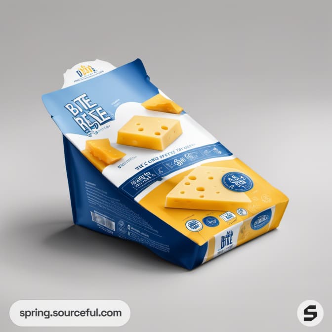 Box of cheese pieces with blue and yellow design.