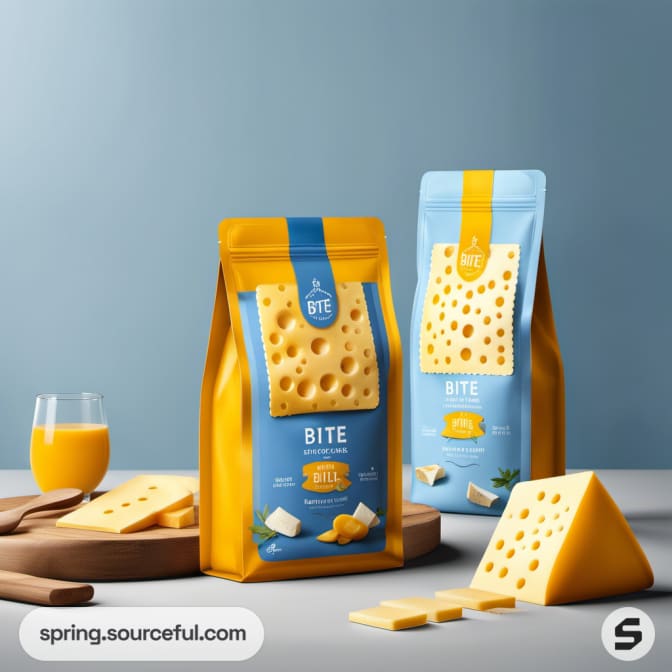 Two cheese bags with slices and juice on white surface.