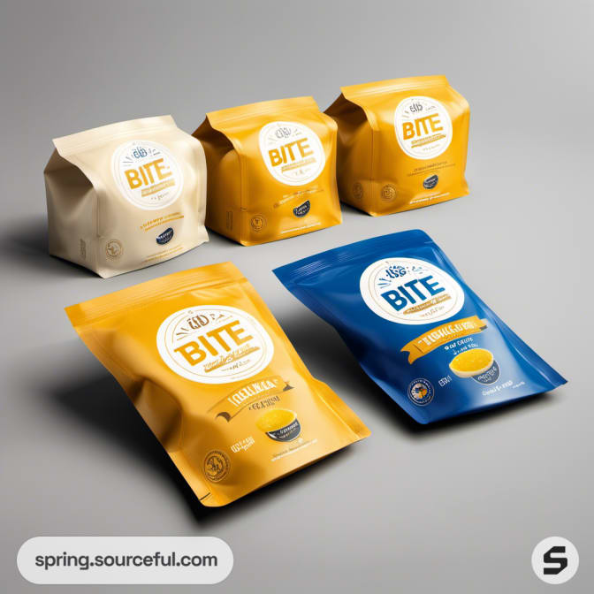 Five cheese pouches with different designs on gray backdrop.