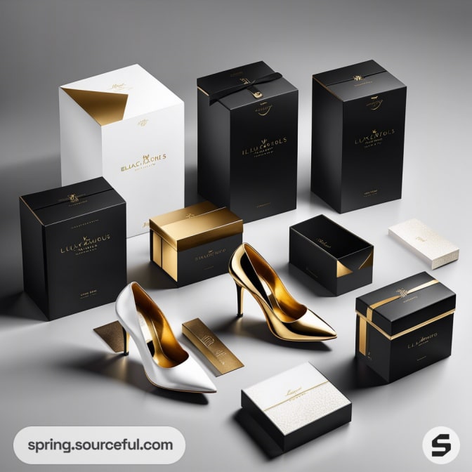 Luxury shoe boxes with gold and black design alongside gold stiletto heels on a gray surface.