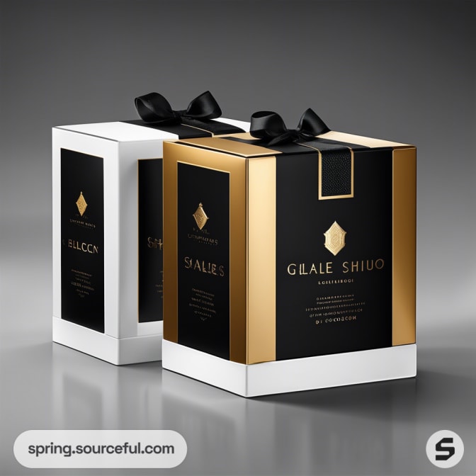 Black and gold gift box with a ribbon, elegant design with decorative text on a reflective surface.