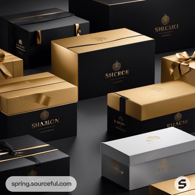 Assorted luxury gift boxes in black and gold, featuring elegant designs and ribbons, on a reflective surface.