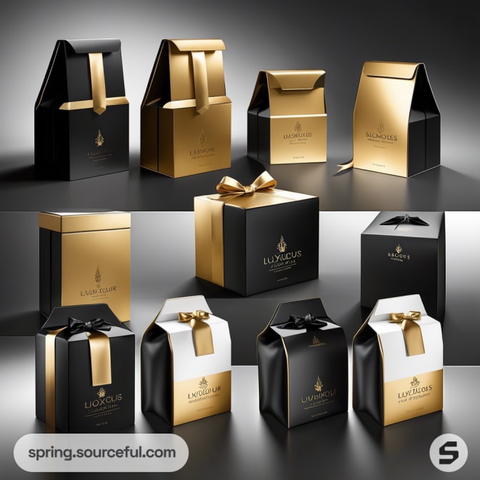 Black and gold luxury gift boxes with ribbons and elegant designs on a glossy surface.