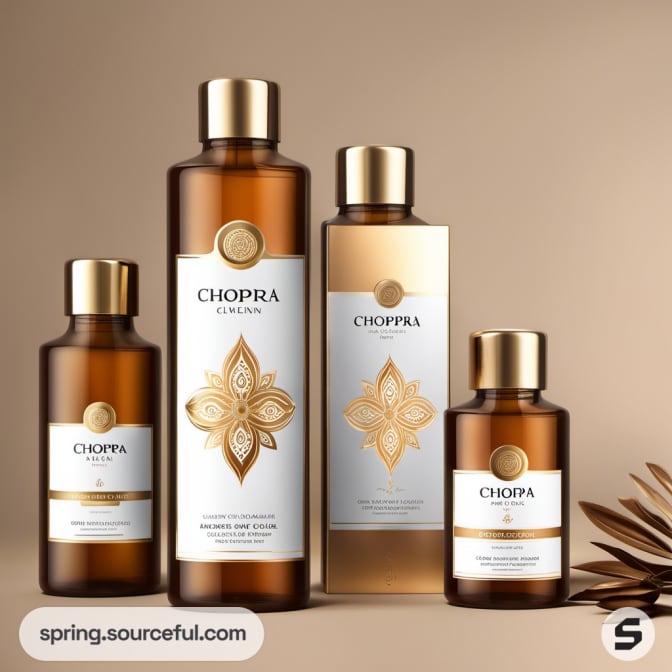 Brown bottles with gold caps and floral designs, set against a neutral background.