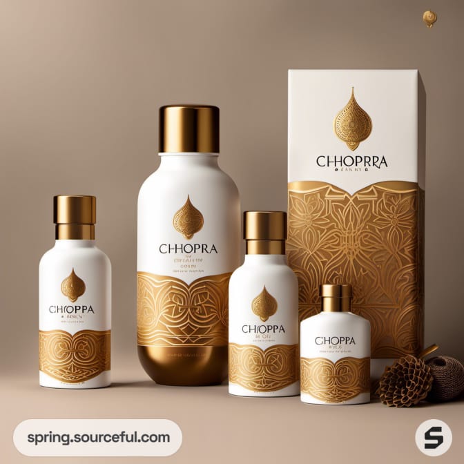 White bottles with gold tops and intricate gold patterns, paired with a matching box.