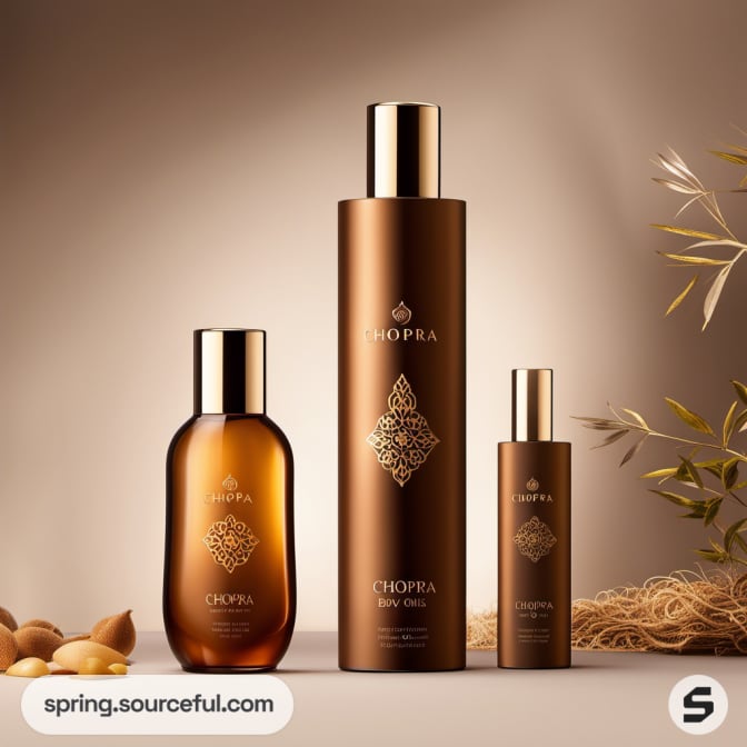 Brown bottles of varying sizes with gold caps and elegant designs, surrounded by botanicals.
