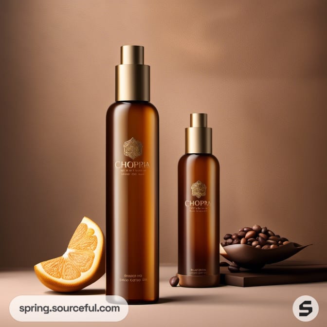 Tall brown bottles with gold accents and citrus slice, displayed on a neutral background.