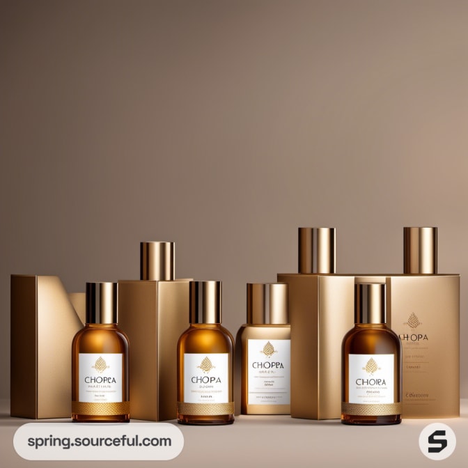 Assortment of brown bottles with gold tops on a minimalist beige backdrop.