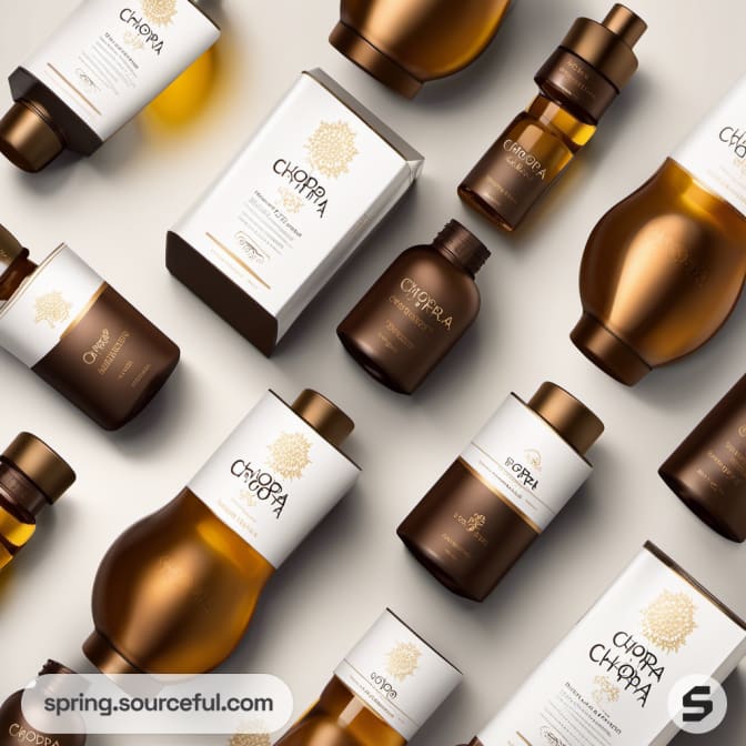 Assorted brown and white bottles with gold caps, arranged on a flat surface.