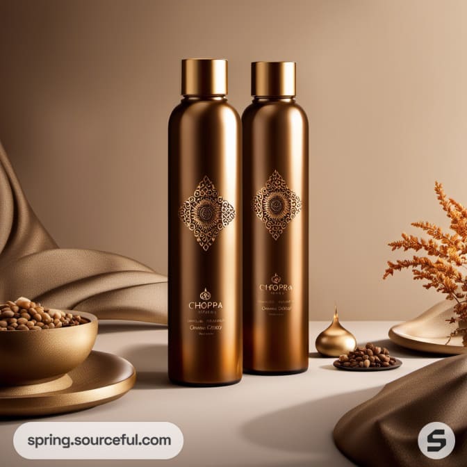 Two tall, gold bottles with detailed patterns, displayed with natural elements.