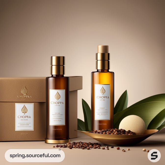 Brown oil bottles with gold tops and box, displayed with natural decor.