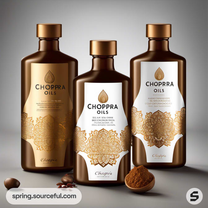 Brown bottles with gold caps and ornate gold patterns, arranged with natural elements.