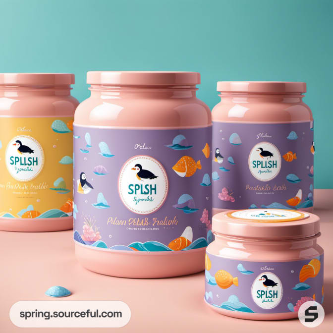 Colorful jars with playful penguin designs and vibrant lids.