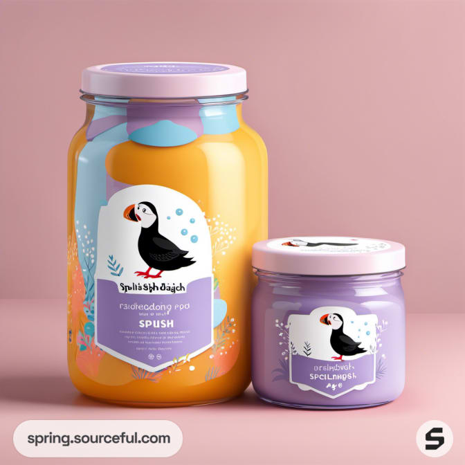 Jars with penguin labels in orange and purple hues.