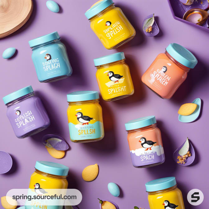 Assorted small jars with penguin artwork and pastel lids.
