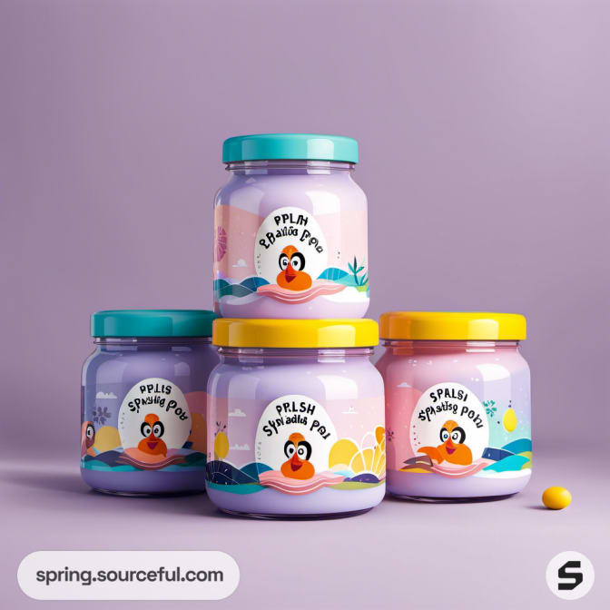 Violet and yellow jars with cartoon penguin designs.