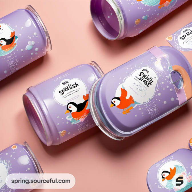 Purple jars with whimsical penguin illustrations.
