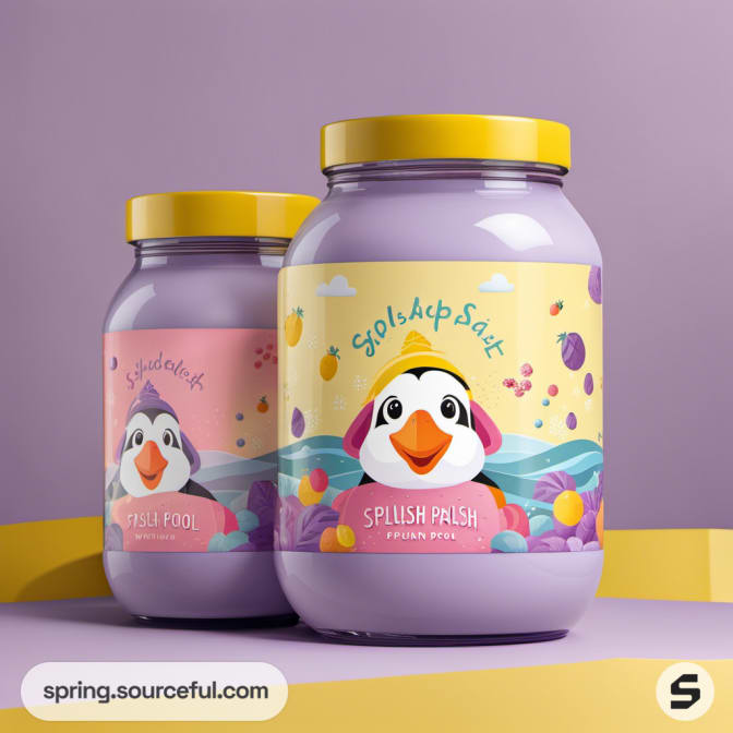 Purple jars with yellow lids and joyful penguin graphics.