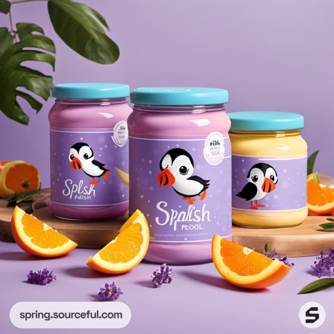 Violet and pink jars with penguin labels, surrounded by fruit.