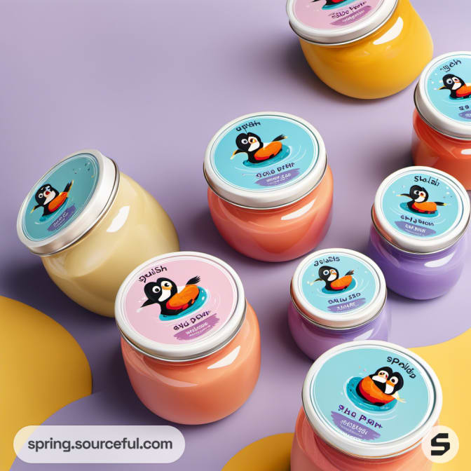 Assorted pastel jars with orange penguin labels.