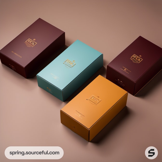 Four colorful boxes in blue, maroon, brown, yellow shades on a light brown background.