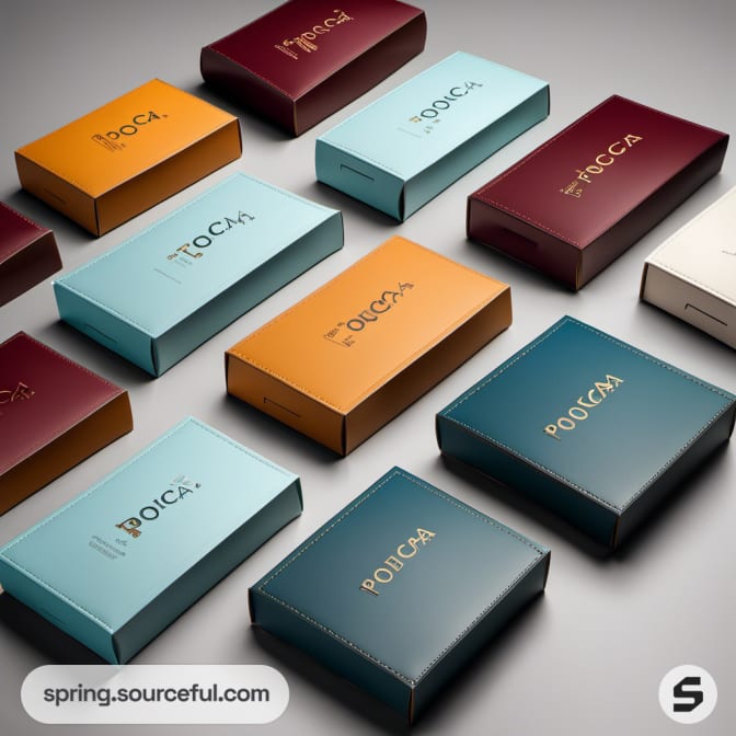 Assorted colorful packaging with blue, maroon, yellow boxes on a light background.