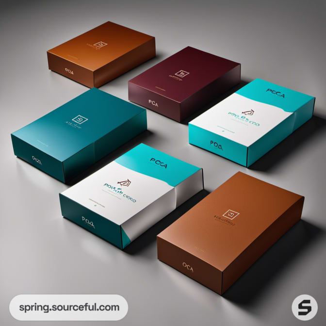 Six colorful boxes in blue, maroon, and brown shades on a grey background.