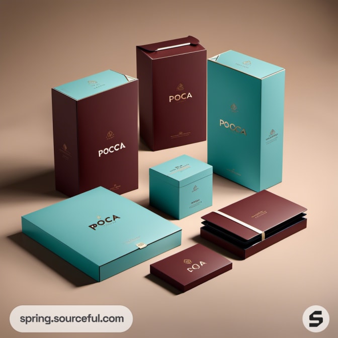 Diverse packaging set in blue, maroon, sizing from small square to large rectangular boxes.