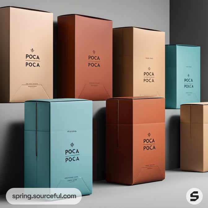 Six standing boxes in orange, blue, tan on a grey wall background.