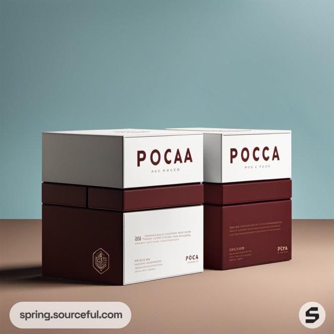 Two stacked boxes in white, maroon with "POCAA" branding on light brown and blue background.