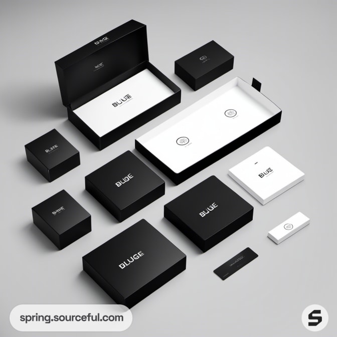 Black and white box set with minimalist design on gray background.