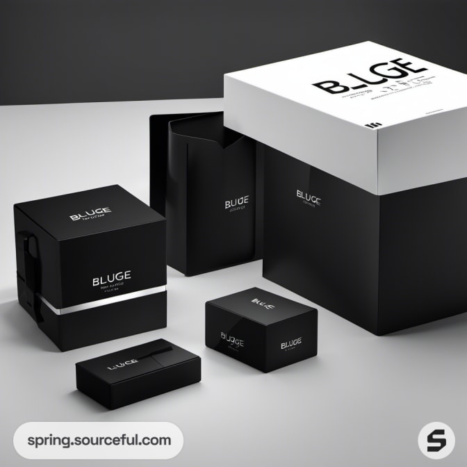 Black and white product boxes with minimalist branding.