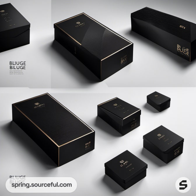 Sleek black boxes with gold accents on light background.